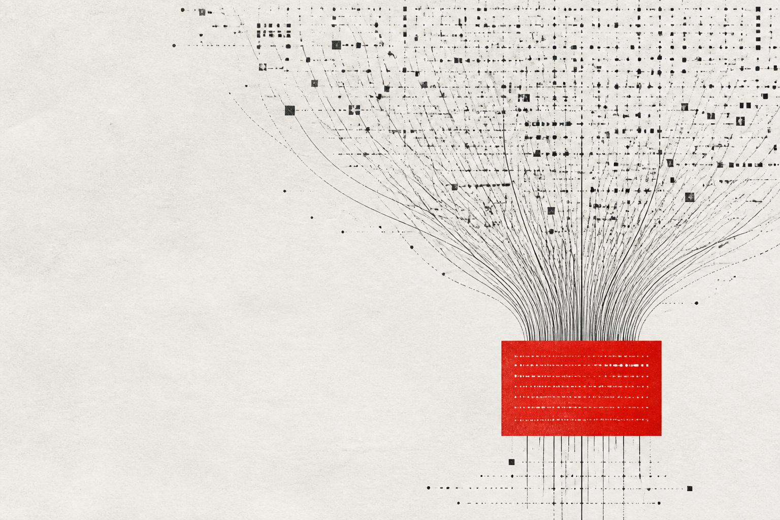 Abstract editorial composition of conversation fragments converging into a red normalized data object